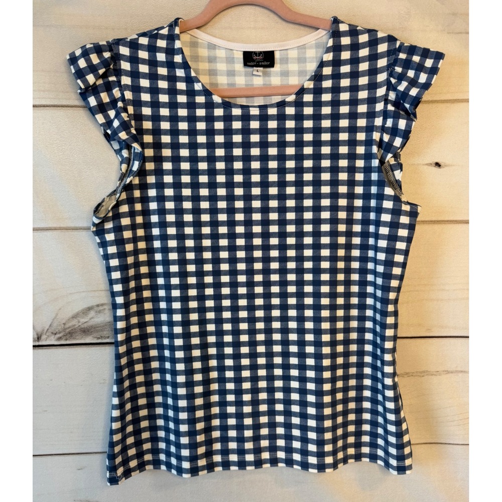 Sailor-Sailor Navy Blue Gingham Ruffle Cap Sleeve Top American Made Large